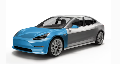 A sleek, blue and gray, four-door electric sedan with silver alloy wheels and stylish car wraps, showcased on a white background.