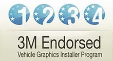 Four blue badges labeled 1-4 above text: "3M Endorsed Vehicle Graphics Installer Program.