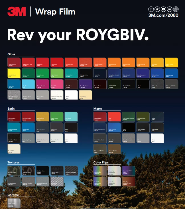 3mcolors A variety of 3M wrap film color swatches labeled by finish, displayed above a treeline and blue sky.